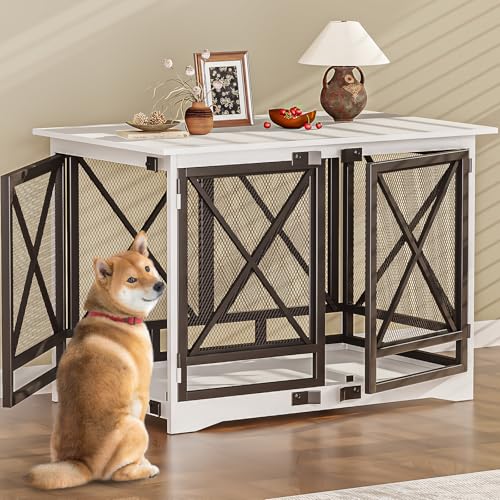 COZPAW Large Dog Crate Furniture - 48 inch Heavy Duty Dog Kennel Indoor for XLarge Breed with Double Doors, Wooden Dog Cage XL Modern Decorative End Table Pet House (White)