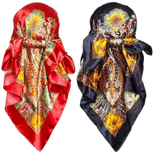 woogwin 2 Pack 35" Satin Silk Like Hair Scarf Bandana Light Head Wraps Neck Face Scarves Cover for Women, 2pcs Paisley5 Black+red, L