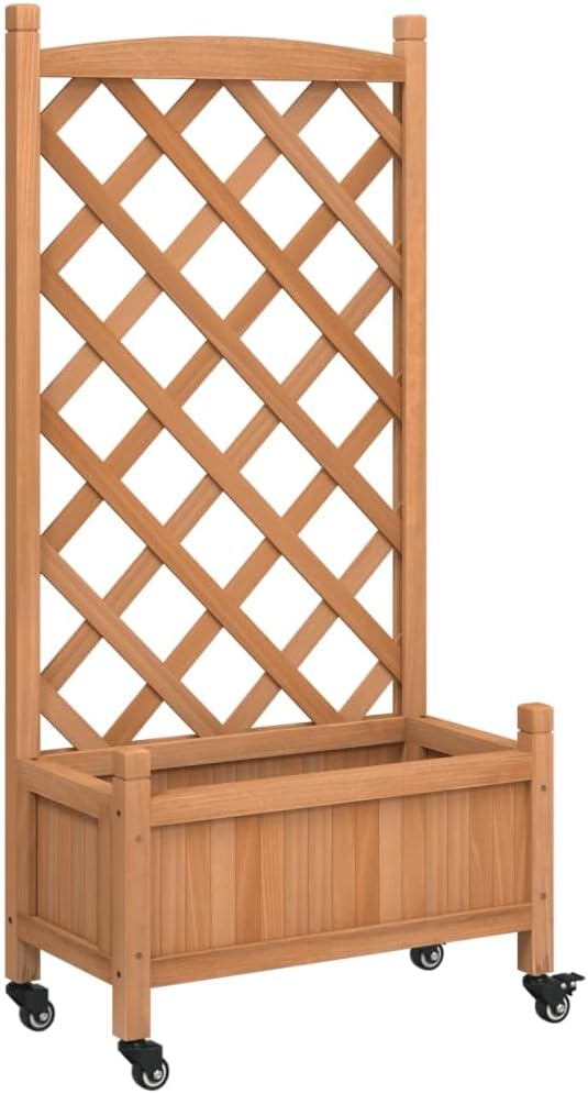 vidaXL Outdoor Planter with Trellis and Wheels - Brown Solid Fir Wood Flower Box, Ideal for Patio, Garden, and Balcony