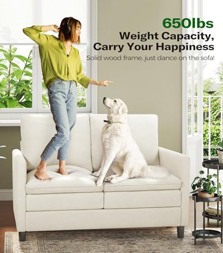 Image of Welzona 3-Layers Cloud Loveseat Sofa, 51 inch Small Couch, Teddy Small Sofa | Comfy Teddy Fabric, Washable Covers, Tool-Free Setup, All-wood Futon Couch for Living Room, Bedroom, Small Spaces, Beige