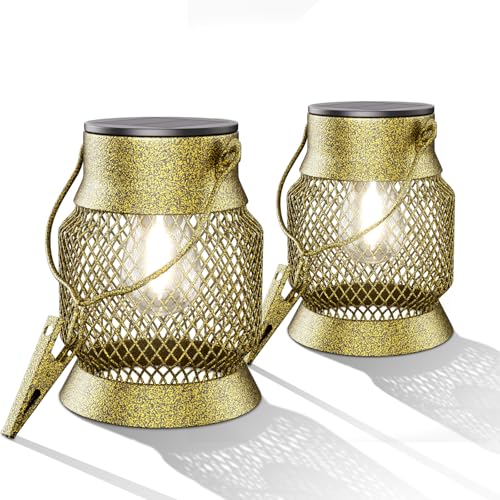 SOLARBABY Solar Lanterns Outdoor 2 Pack,Hanging IP65 Waterproof Garden Solar Lights, Metal Lanterns LED Decorative Lighting for Yard, Patio, Lawn, Pathway, Christmas Decorations, Warm White