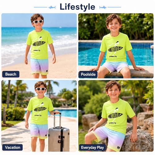 Image of Big Chill Boys Swim Set - 2 Piece Quick Dry UPF 50 Short Sleeve Rash Guard for Boys and Swim Trunks - Swimwear Set for Kids