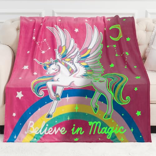Image of Jekeno Unicorn Toys Gifts for Girls Glow in the Dark Blanket, 50 inchx 60 inch | Unicorn Gifts for Girls birthday Christmas Valentine's Easter Soft Flannel Fleece Throw Blanket for Age 1-18 Years Old