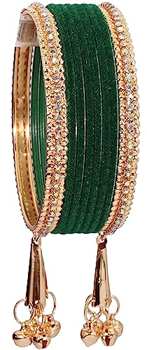 Image of NMII Metal with Zircon Gemstone and Velvet Studded Bells Latkan Bangles Set For Girls and Women I Latkan Bangles, Premium Bangle Bracelet Set I Pack of 16 Bangles