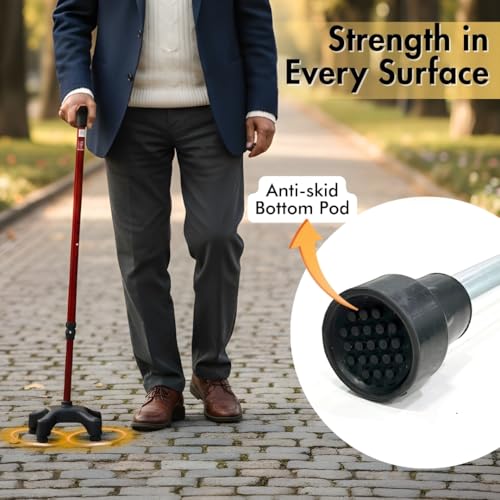 Image of Flamingo Adjustable Quadripod Walking Stick with 4-Pronged Base for Extra Stability - Foam Padded Offset Handle for Soft Grip - Works for Right or Left Handed Men or Women | Silver |