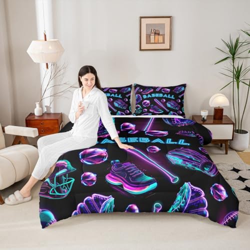 Image of Feelyou Baseball Theme Bedding Set Soft for Boys Girls, Blue Purple Comforter Set Toddler Size Baseball Bat Gloves Duvet Quilt Microfiber Games Shoes Bedroom Decor 2 Pcs with 1 Pillow Cases