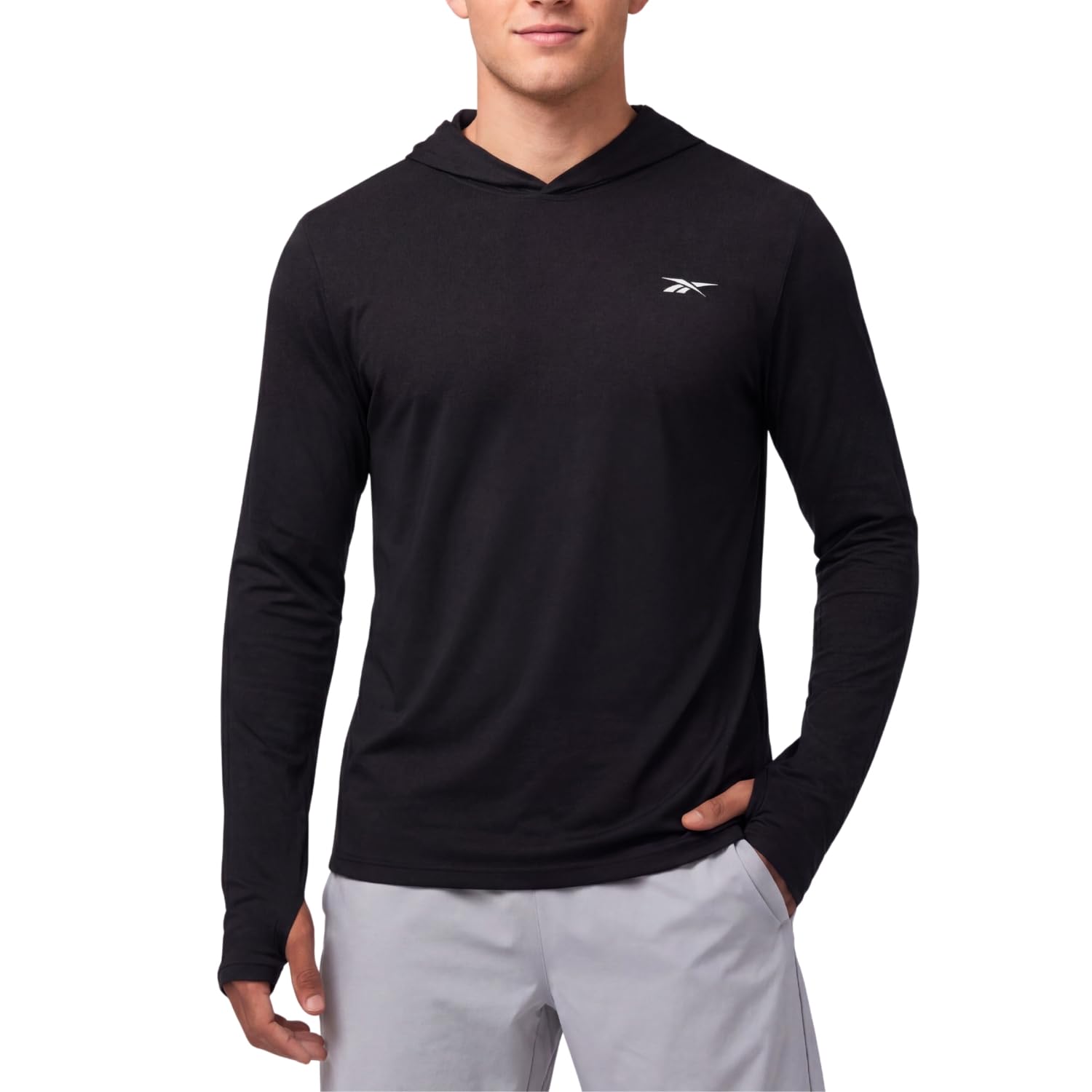 Reebok Hooded Rash Guard for Men– Long Sleeve Sun Shirt, UPF 50+ UV Protection Fishing Running Hiking Athletic Workout