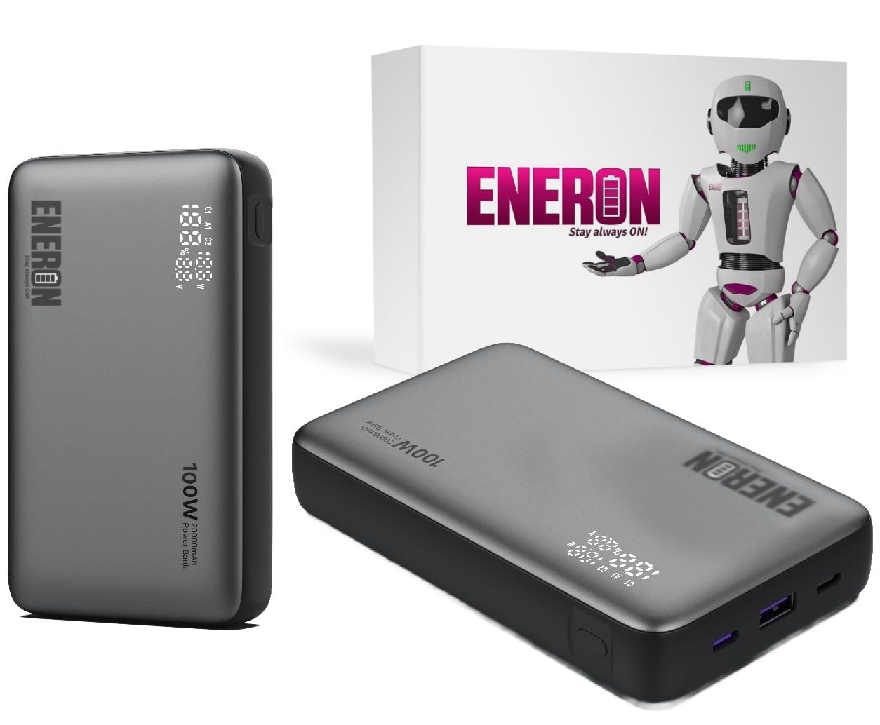 Eneron - Batería externa (20000 mAh, 100 W, 2 baterías USB-C USB-A, portátil)