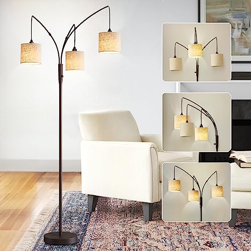 3 Lights Arc Floor Lamps For Living Room, Modern Tall Standing Lamp With Beige Shades & Heavy Base, Mid Century Tree Floor Lamp Multi-Arm Trilage Arched Floor Lamp For Bedroom Lounge Home Office #TOP7