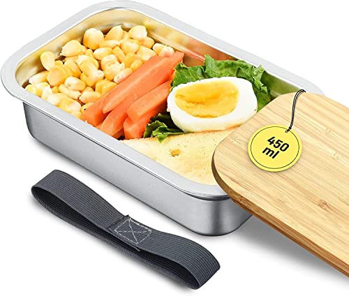 Hystun Edelstahl Brotdose Kinder - Snackbox Kinder mit Deckel aus Natürlichem Bambus, Verdicktem Edelstahl Kinder Brotdose, BPA Frei bento box Lunchbox Kinder, Jausenbox Erwachsene für die Freizeit thumbnail