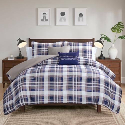 Image of Modern Threads 5-Piece Printed Comforter Set Deagan - Blue & Tan Plaid Bedding with Decorative Pillows & Shams, Soft All Season Bed Set, King