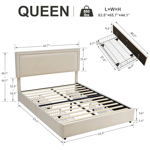 Image of VECELO Queen Size Upholstered Platform Bed Frame with 4 Storage Drawers, Adjustable Velvet Rivets Headboard, Wooden Slats Support, No Box Spring Needed, Easy Assembly, Oatmeal