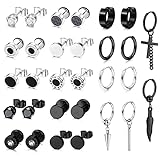 JeweBella 30Pcs Pendientes Hombre de Acero Inoxidable, Piercing Pendientes Hombre Negro Plata, Aretes para Hombre, Pendientes Aro Hombre,Pendientes Colgante para Hombres Mujer