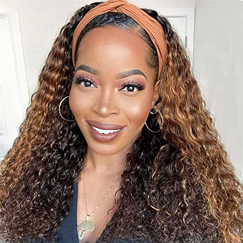 Image of XSY Headband Wig Human Hair 4 /27 Highglight Headband Wig Deep Wave Headband Wig Honey Blonde Colored Curly Wig 22 Inch
