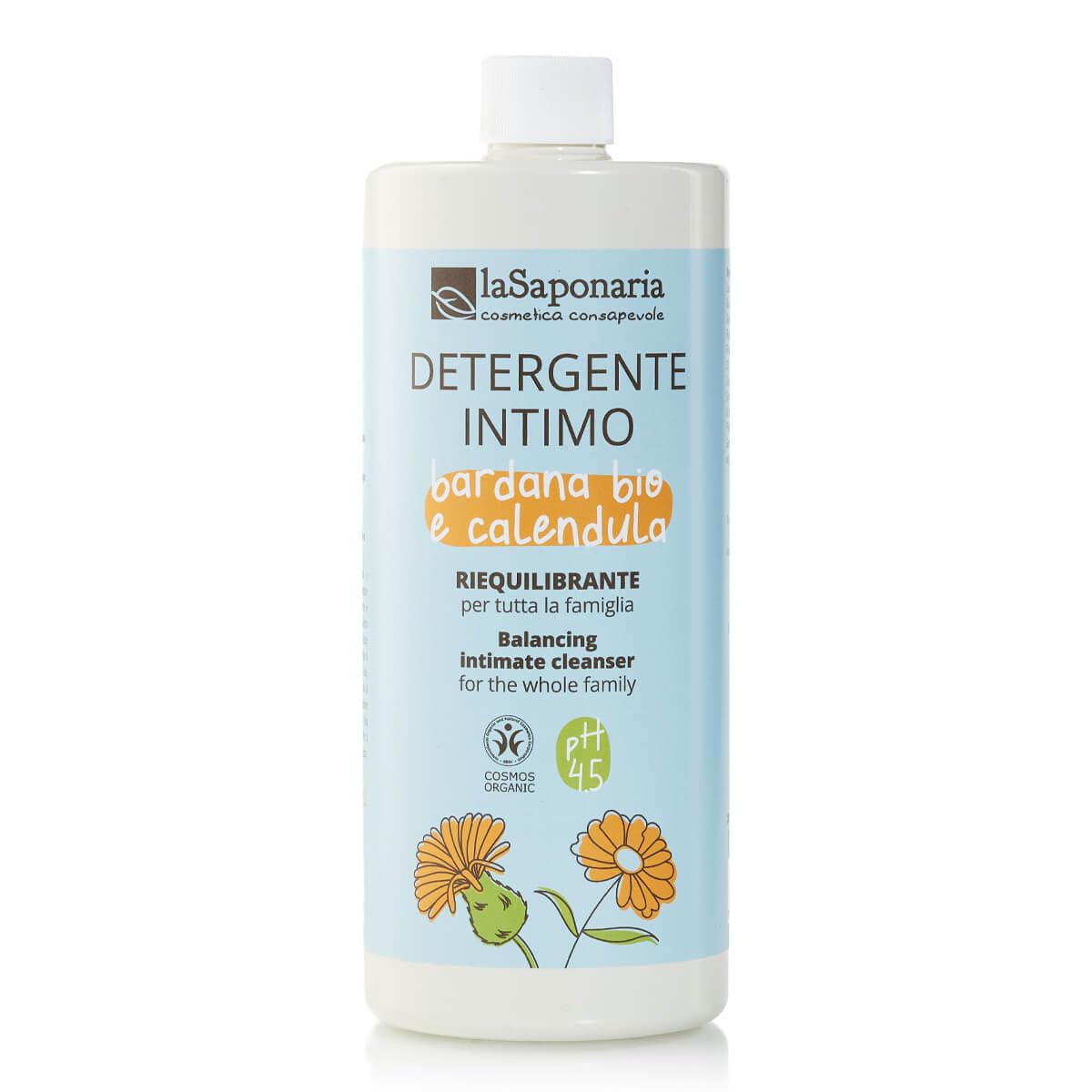La Saponaria | Detergente Intimo Biologico con Bardana e Calendula, pH 4.5, Riequilibrante per Tutta la Famiglia, Certificato COSMOS Organic, Formato Maxi 1000 ml