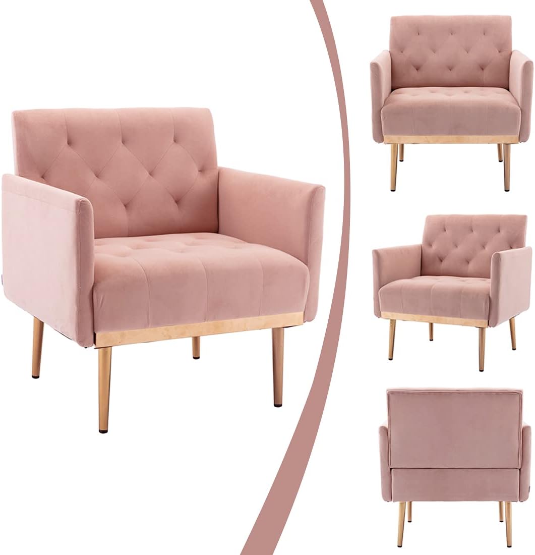 SLEERWAY Modern Velvet Single Sofa Chair, Upholstered Accent Living Room Chair, Comfy Armchair with Rose Golden Metal Legs, Tufted Chair for Reading or Lounging (Pink) : Home & Kitchen