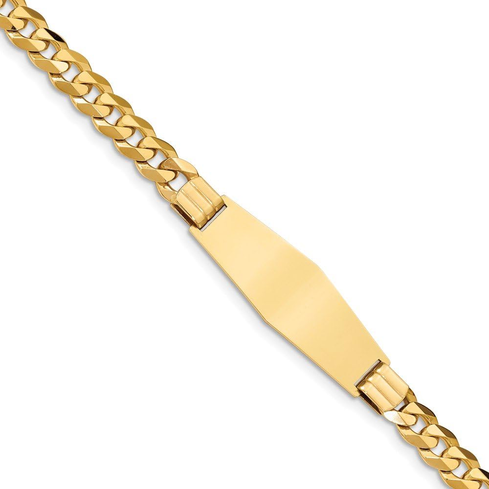 Solid 14k Yellow Gold Flat Curb Cuban Link Soft Diamond-Shape ID Bracelet Engravable Identification Name Bar Tag - with Secure Lobster Lock Clasp 8" (Width = 14mm)