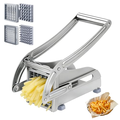 Wapasezyar Pommesschneider Edelstahl Kartoffelschneider Scheiben mit 2 Klingengrößen Kartoffelschneider für hausgemachte Pommes Pommesschneider Edelstahl mit Rutschfester Saugtechnologie