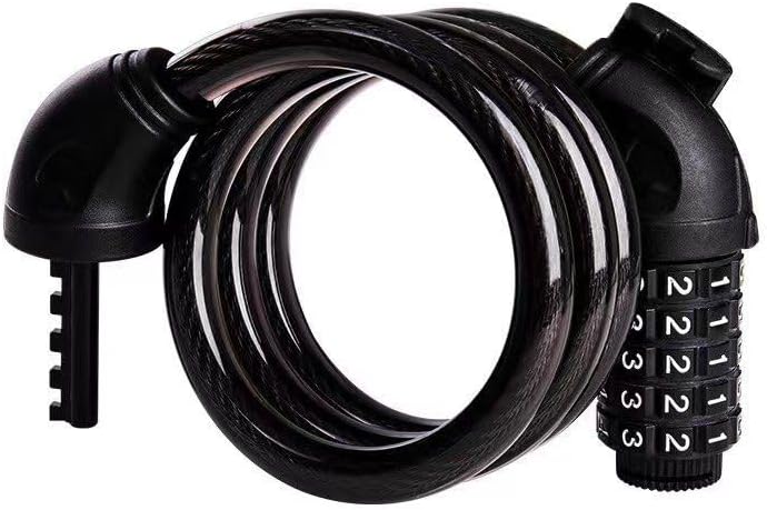 Cerradura de bicicleta con combinación de 5 dígitos, cable de acero resistente, negro