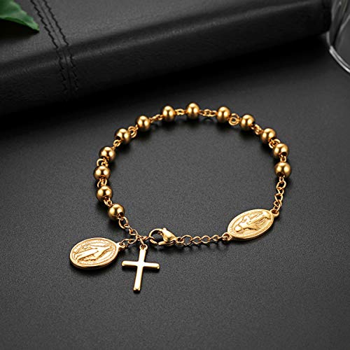 Gold Cross Rosary Beads Bracelet, Stainless Steel Jesus Christ Crucifix Cross Wristband for Women Men Mothers Day Christmas Wedding3