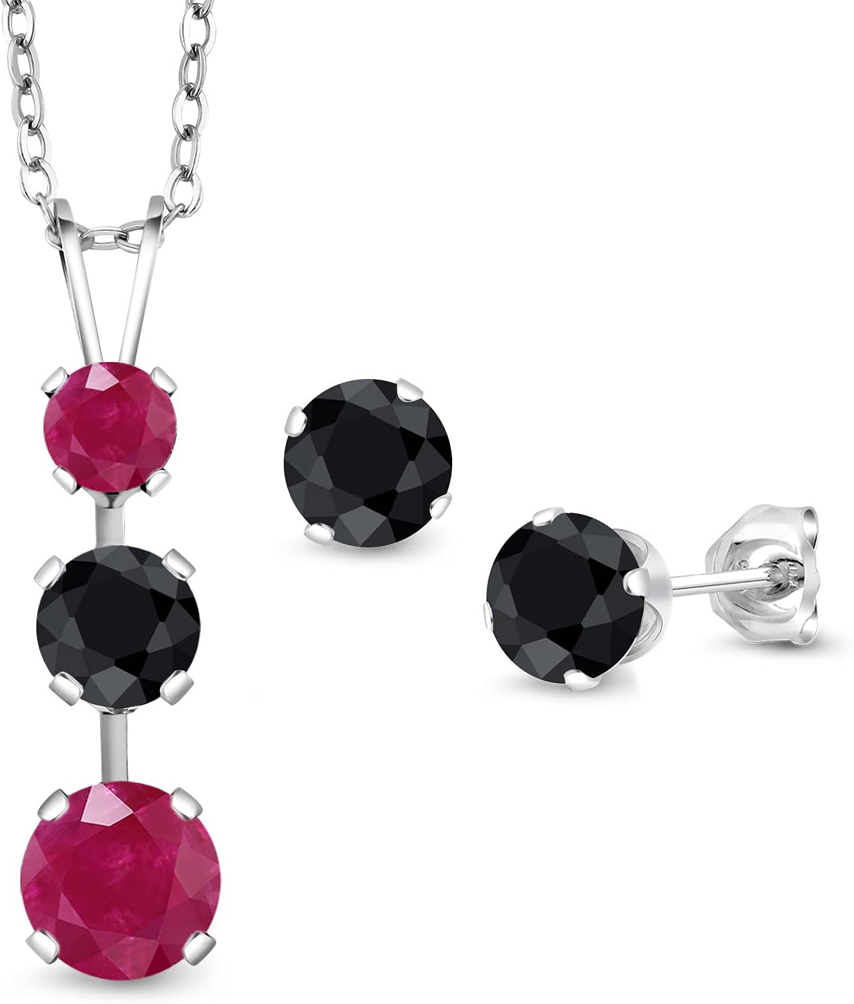 Gem Stone King 925 Sterling Silver Red Ruby and Black Sapphire Pendant and Earrings Jewelry Set For Women (3.42 Cttw, Gemstone July Birthstone, with 18 Inch Chain)