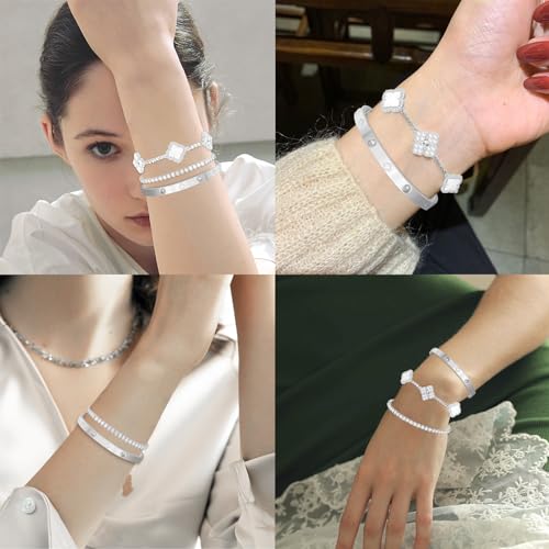 Lucky Four Leaf Bracelets Set - Silver Plated Cubic Zirconia Bangle for Women3