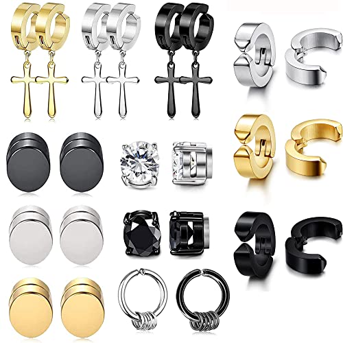 JeweBella 12Paires Boucles d'oreille Clip Homme Acier Inoxydable Magnétique Fausse Boucles d'oreilles Créoles Zircon Cubique Non Piercing Boucles d'oreilles Pendantes Croix Hypoallergénique Bijoux