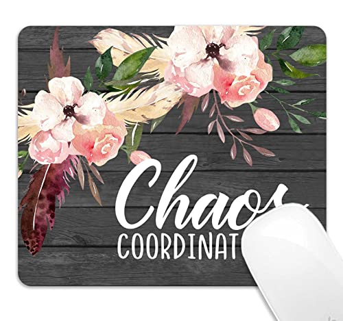 Image of Gray Mouse Pad, Chaos Coordinator Quote Mouse Pad, Vintage Floral Dark Grey Wood Grain Mouse Pads for Computers, Pink Flowers Mouse Mat for Office Decor for Women, 9.5x7.9 inch