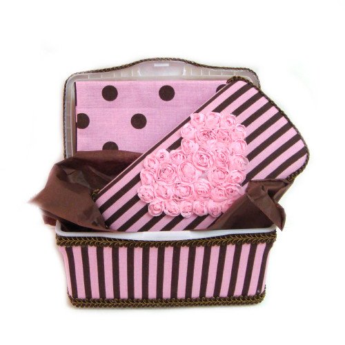 Pink and brown polka dots and stripes with pink chiffon heart 3 piece set baby basket