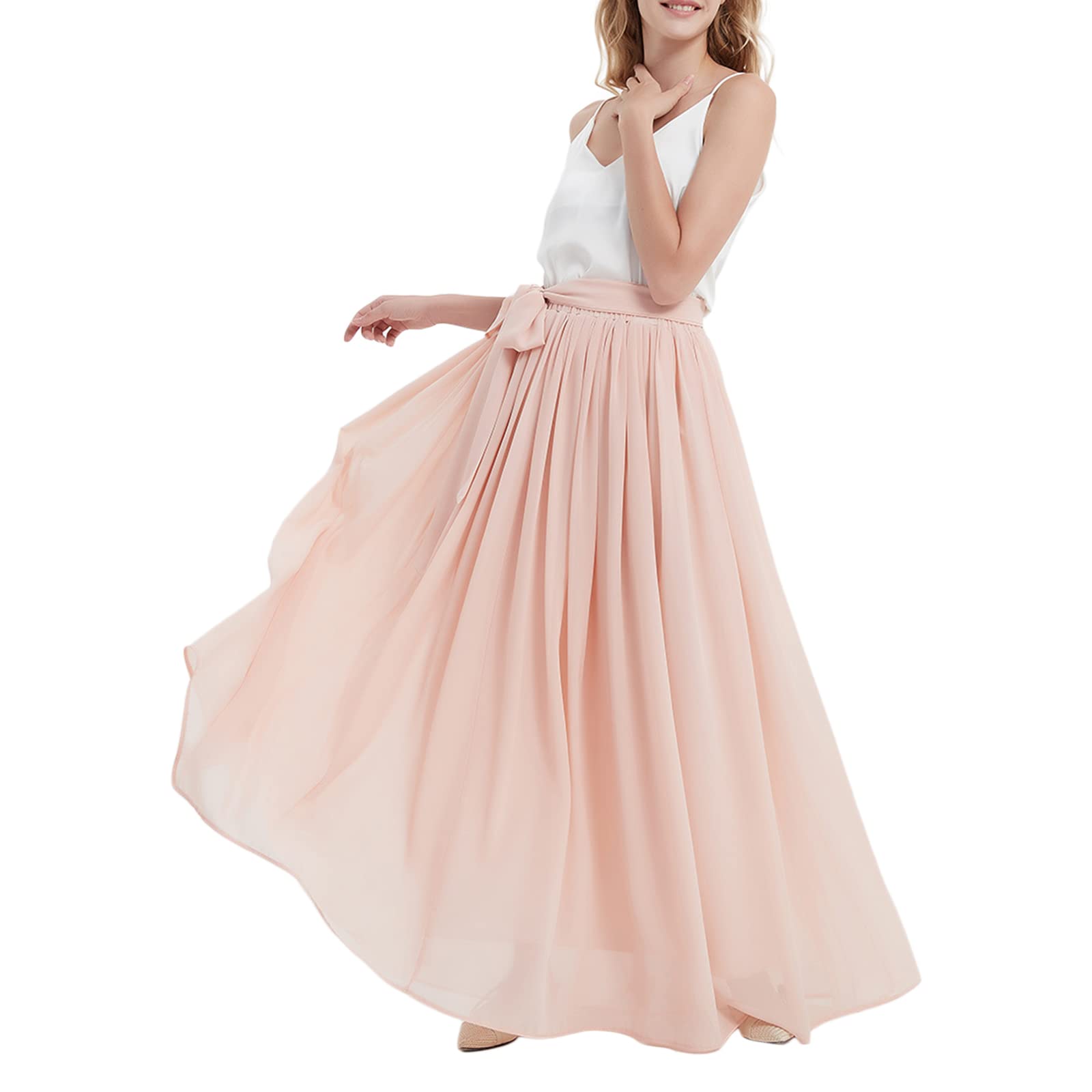 YULUOSHAWomen's Maxi Long Chiffon Bridesmaid Skirt High Waist Floor Length Pleated Summer Beach Skirt with Belt for Wedding Party