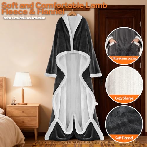 Wearable Heated Blanket With Sleeves & Foot Pocket, Heated Throw Blankets Fast Heating Blanket With 10 Heat Settings Auto Shut Off Over-Heat Protection-Warm Gift, Machine Washable, 52”*72”+18”