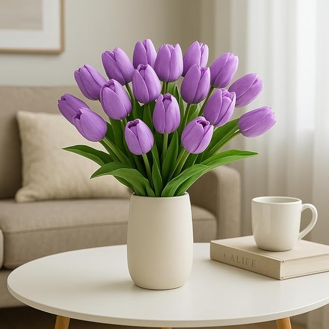 Image of Garden Art Artificial Tulip Flowers (Pack of 5) | Real Touch Silicone Single Stem Tulips for Home Decor, Living Room, Office, Vase & Wedding Decoration GAASTFB-1H-33V (Violet)