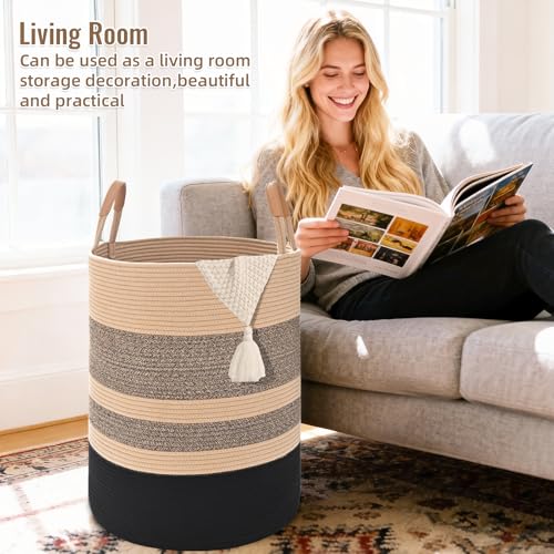 Image of Large Laundry Basket, Laundry Hamper with Leather Handles, 75L Woven Dirty Clothes Hamper, Rope Hampers for Bedroom, Barthroom, Brown Black