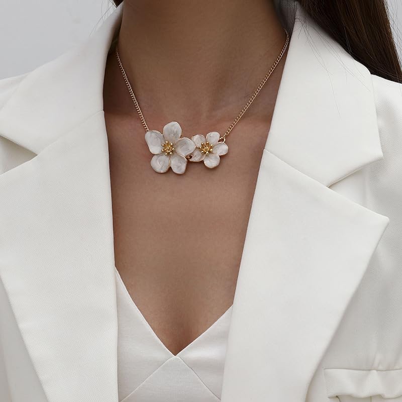 Double Flower Blossom Petal Pendant Necklace For Women Dainty Elegant Statement Adjustable Delicate Chain Gold Color White Pink Green Colors - Image 2