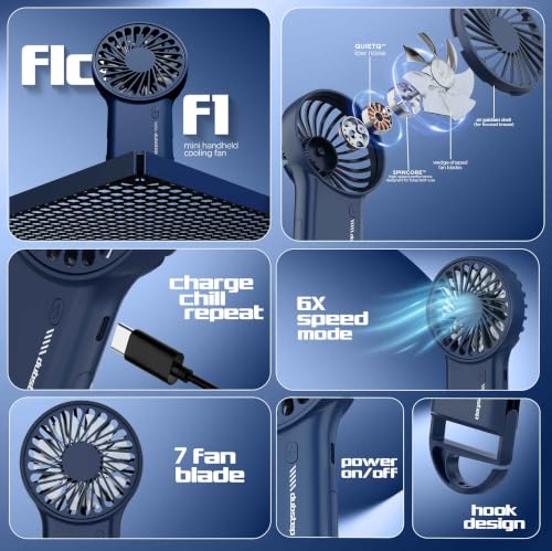 Image of Dubstep Flo-F1 Mini Handheld USB Rechargeable Cooling Fan with 3x Speed Mode, Foldable Hook & Stand, 8000 RPM, 3 Speed, Powerful Mini Fan for Travel, Office, Kitchen, Lightweight & Quiet (Blue)
