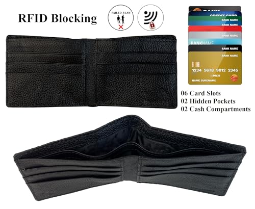 Image of HATA Men Leather Bifold Wallet RFID Blocking Front Pocket Exotic Billfold Handmade Gift For Birthday Wedding Anniversary Father's Day