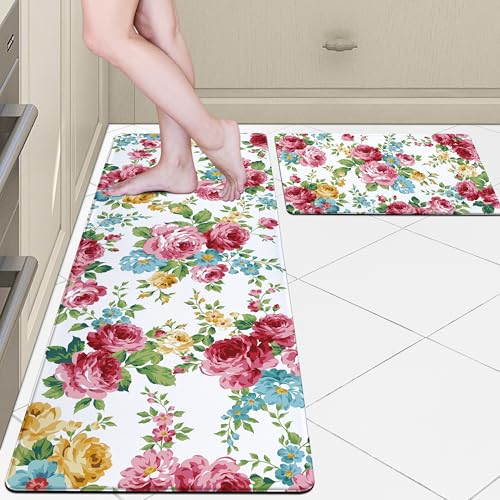 Rose Flower Kitchen Rugs Sets of 2 Anti Fatigue Cushioned Kitchen Floor Mats Vintage Kitchen Decor Non Skid Washable Comfort Standing Runner Mat for Home Sink (Pink, 17.5