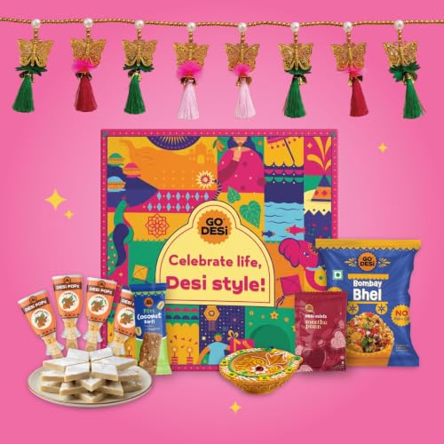Image of GO DESi Fun Diwali Gift Box | Toran | Mud Diya | Kaju Katli | DESi POPz | Meetha Paan | Coconut Burfi | Bombay Bhel | Diwali Gifts for Family and Friends | Diwali Gift Hampers |