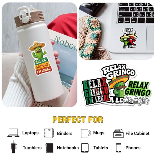 Image of 3Pcs Relax Gringo Im Legal Sticker, Relax Gringo Calcomanas De Mexico Funny Immigrant Calcomanias Mexico Mexican Cactus Stickers for Truck Car Helmet (Pack 12)