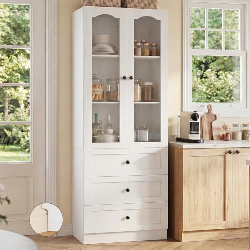 Image of Cyclysio 80 inch Tall Pantry Cabinet for Kitchen Storage, White Pantry Cabinet with Glass Doors & 3 Drawers - Freestanding Storage Bookcase with Built-in Baseboard Notch for Dining, Living Room