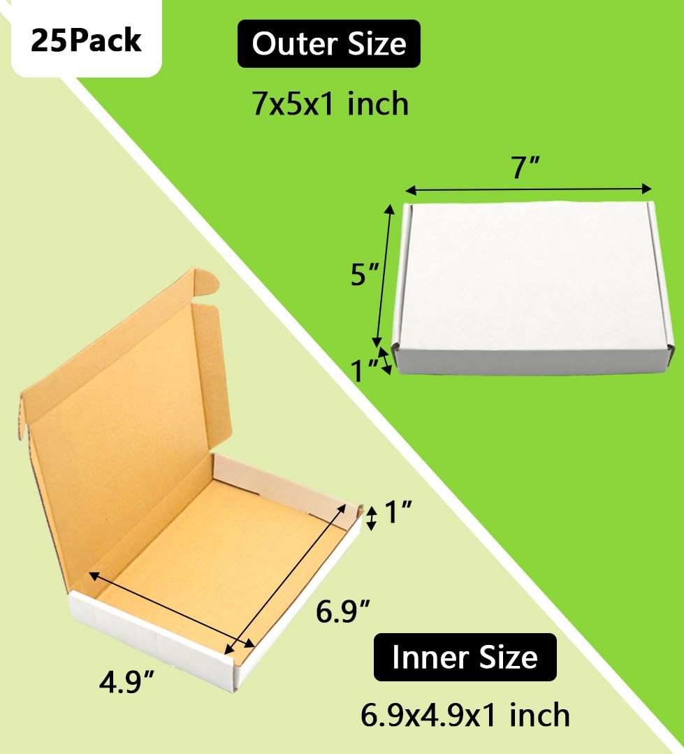 Cajas de envío de 7 x 5 x 1 pulgadas, paquete de 25 unidades, caja de cartón corrugado blanco, cajas de correo para embalaje de pequeñas empresas, regalos, manualidades, joyas, suministros