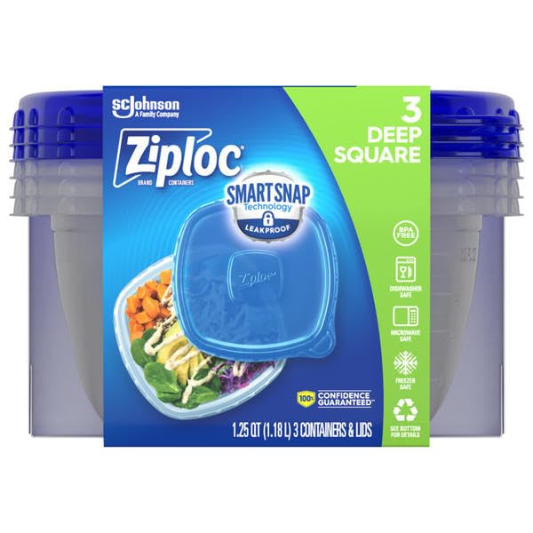 Ziploc Storage Containers Medium Square 3 Pack One Press Seal 1.25Q