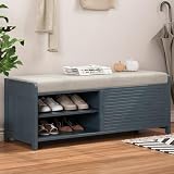 Ball & Cast 43.3' Wood Frame Entryway Storage Bench w/Shutter-Style Sliding Door & Shelf, Modern Shoes Rack Cabinet Benches with Movable Upholstered Seat for Living Room Bedroom Hallway, Navy