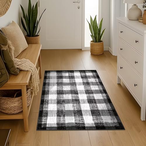 Image of Checkered Area Rug, 2x3, Black and White | Washable, Non Slip, Modern Neutral, For Living Room Bedroom Office Patio Dining Room