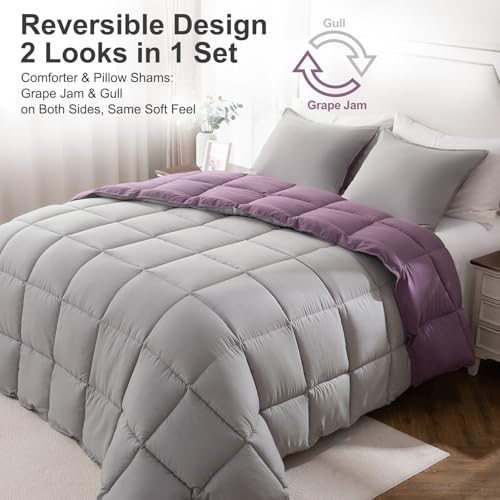 Image of KASENTEX Queen Comforter Set, Reversible,Goose Down Alternative,All Season | 250 GSM Fill, Ultra-Soft, Lightweight, Machine Washable, 1 Comforter + 2 Pillow Shams, Grape Jam /Gull