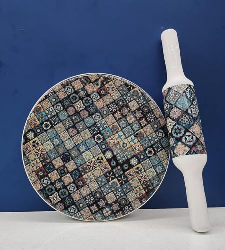 Image of Marble Chakla Belan Set - 25.4 cm Board / 30.5 cm Rolling Pin | Hena Green Design | Traditional Roti Rolling Board and Pin Set | Smooth Finish Kitchen Tool for Chapati, Paratha & Puri