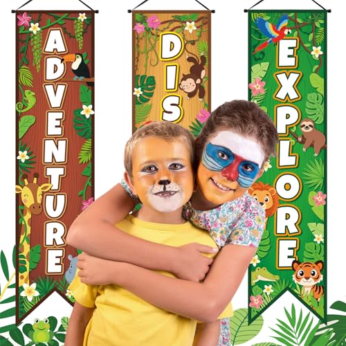 Image of Chiisong 3 Pcs Safari Party Decorations Jungle Banners Animal Safari Backdrops Adventure Explore Hanging Porch Sign for Wild Jungle Zoo Birthday Party 2026 VBS Classroom Home Door Wall Decor
