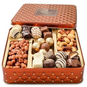 Snack Assortment Gift Basket- Candy and Nuts Gift Tin- Gourmet Treat Variety Present in Keepsake Tray– Gift Idea for Thanksgiving, Holidays, Christmas, Men, Women, Him, Her- Bonnie and Pop