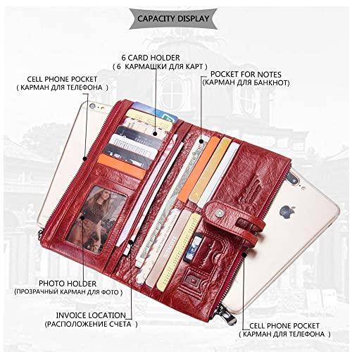 Contacts Womens Clutch Wallet Leather Checkbook Purse for Women Bifold Long Zipper Wallet Phone Card Holder (Red)3