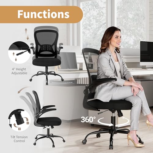 Image of Youhauchair Mesh Office Chair, Ergonomic Home Office Desk Chairs with Flip-up Arms and Lumbar Support, Height Adjustable, Black | Flip-up Arms, Lumbar Support, Home Desk Chair, Height Adjustable, Breathable, Mid Back Swivel Compurter Chair, Set of 1